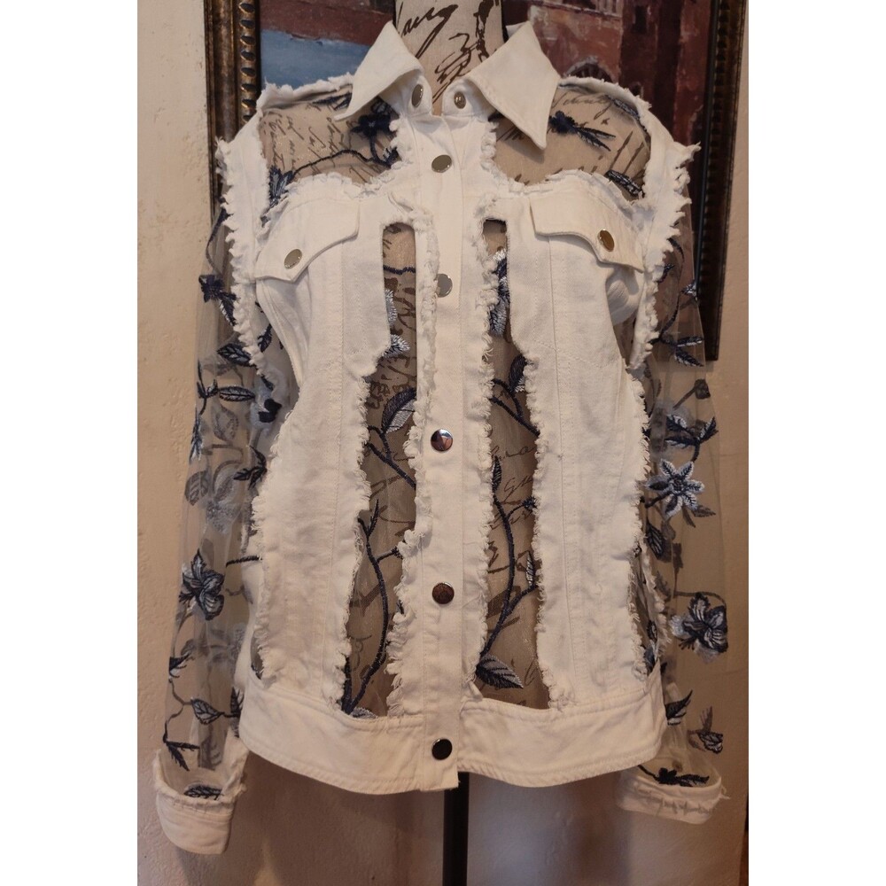 Gorgeous ADORE Pristine White Denim Jacket w Blue Floral Embroidered Sheer Sz L